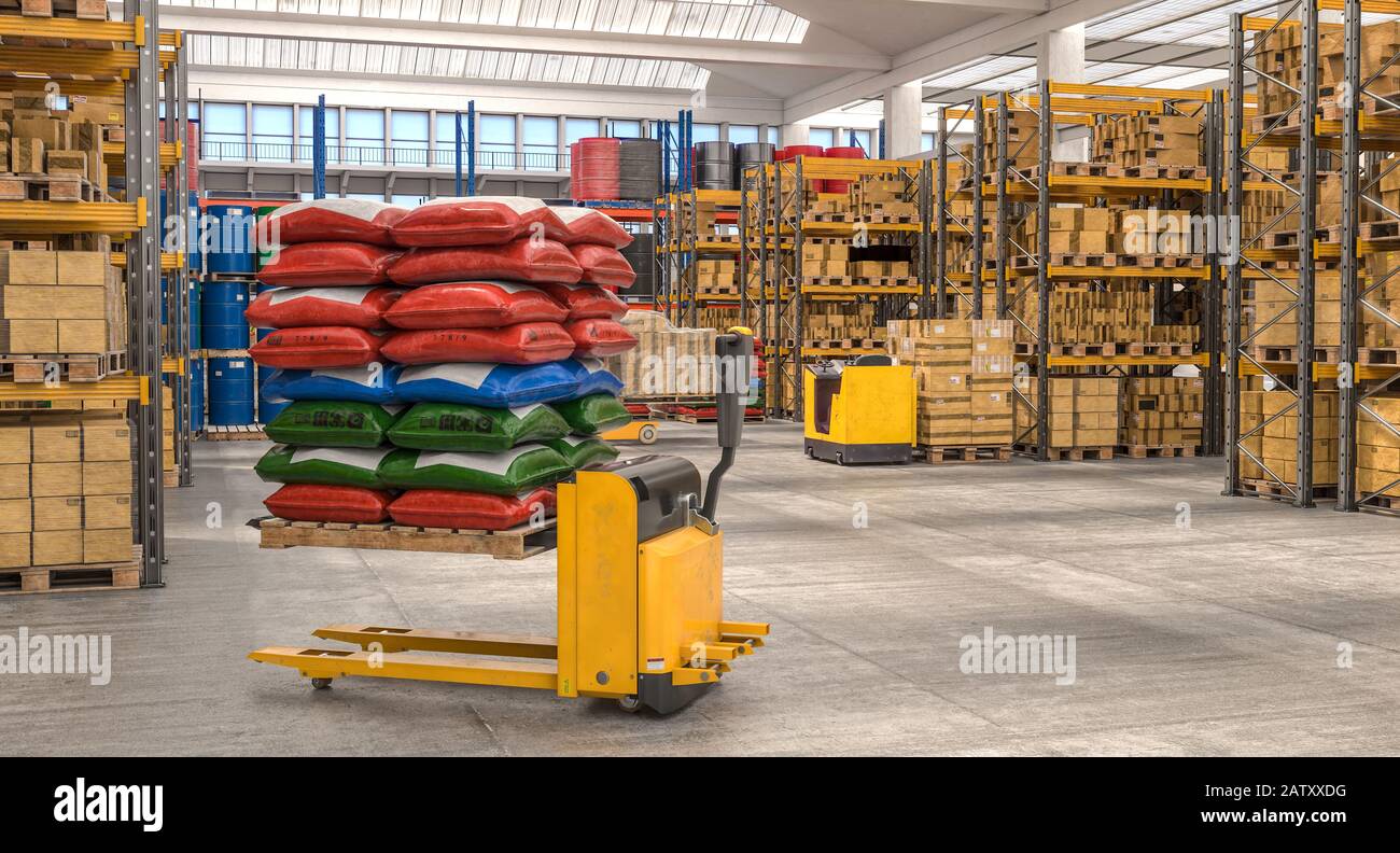interno di un magazzino di stoccaggio con mezzi per la movimentazione di merci, nessuno intorno, concetto di produzione e logistica. immagine di rendering 3d. Foto Stock
