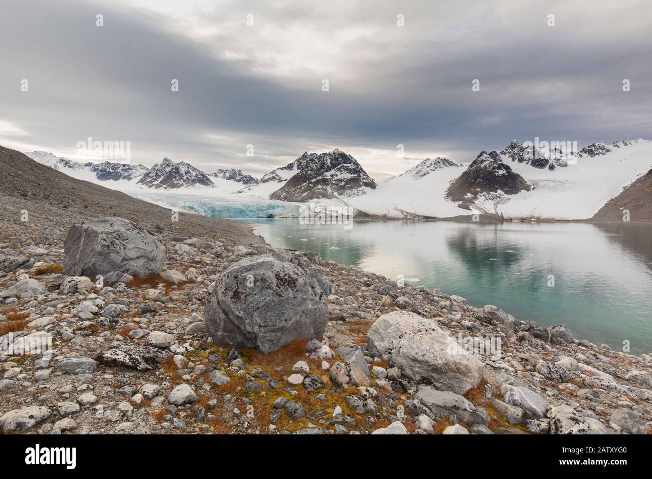 Gullybreen, ghiacciaio in Albert i Land debouching in Gullybukta, baia meridionale di Magdalenefjorden, Svalbard / Spitsbergen, Norvegia Foto Stock