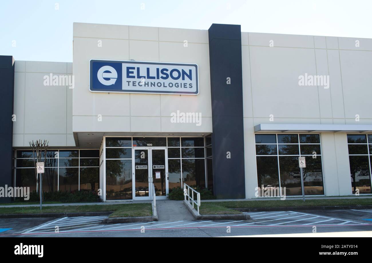 Esterno dell'edificio degli uffici di Ellison Technologies a Houston, Texas. Fornitore di produttori di taglio di metalli che fornisce soluzioni di lavorazione avanzate a livello globale. Foto Stock