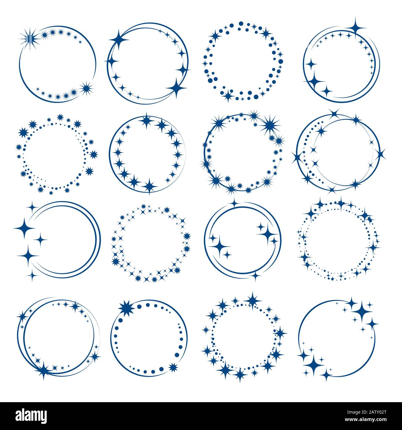 Set di fotogrammi a stella con cerchio grafico vettoriale. Wreaths per disegno, collezione di modelli di logo. Stardust, stelle, cielo stellato. Illustrazione del vettore. Illustrazione Vettoriale