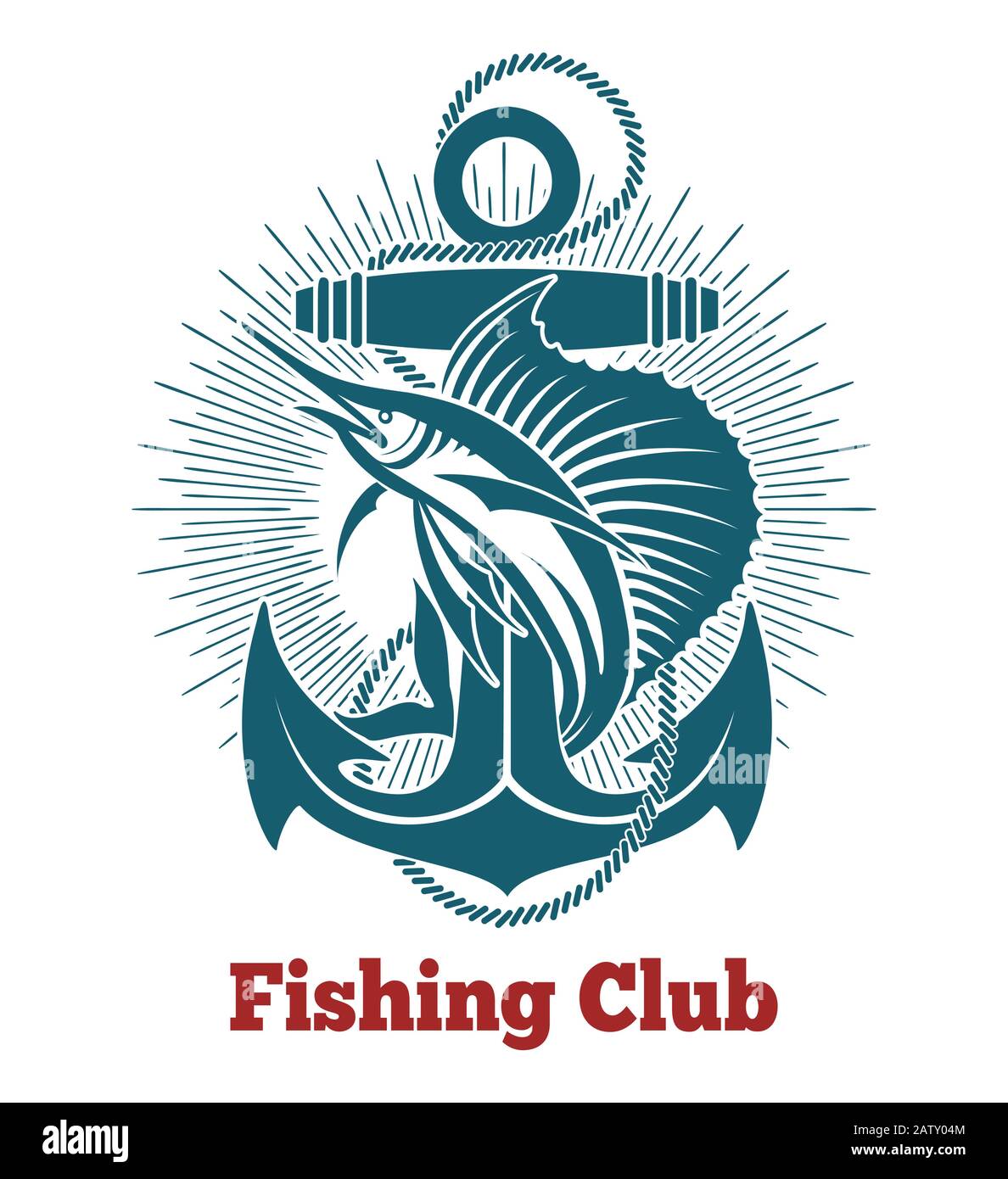 Jumping Marlin e Anchor con Corde. Pesca Club Emblem. Illustrazione Vettoriale. Illustrazione Vettoriale