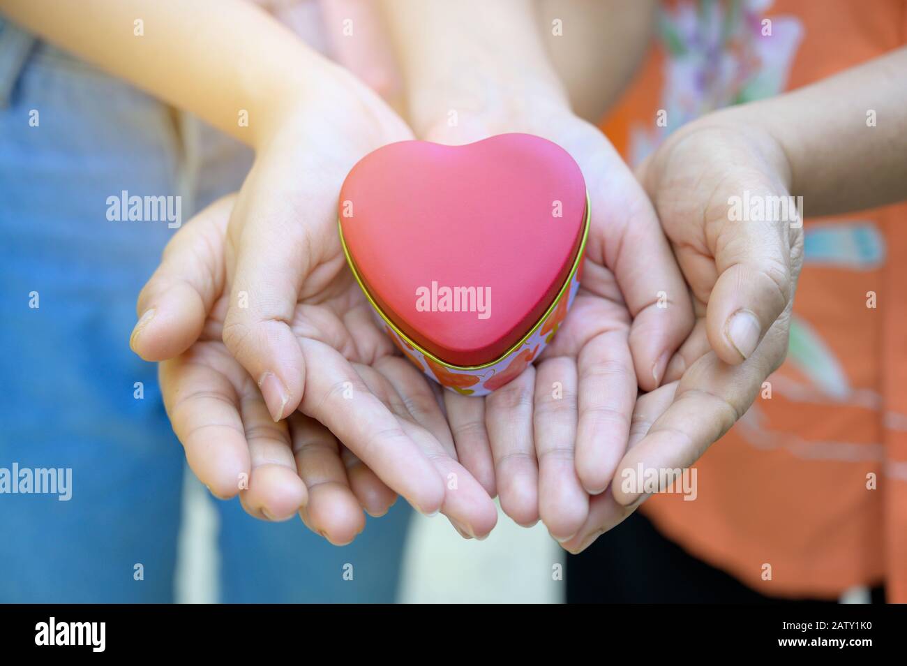 Le mani dei bambini e degli adulti nella famiglia hanno un cuore nelle loro mani. Foto Stock