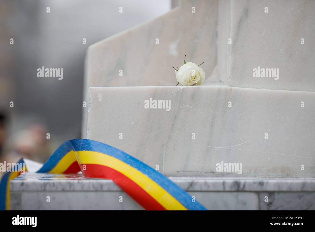 Rosa bianca su un monumento in marmo bianco con la bandiera rumena durante una giornata piovosa. Foto Stock