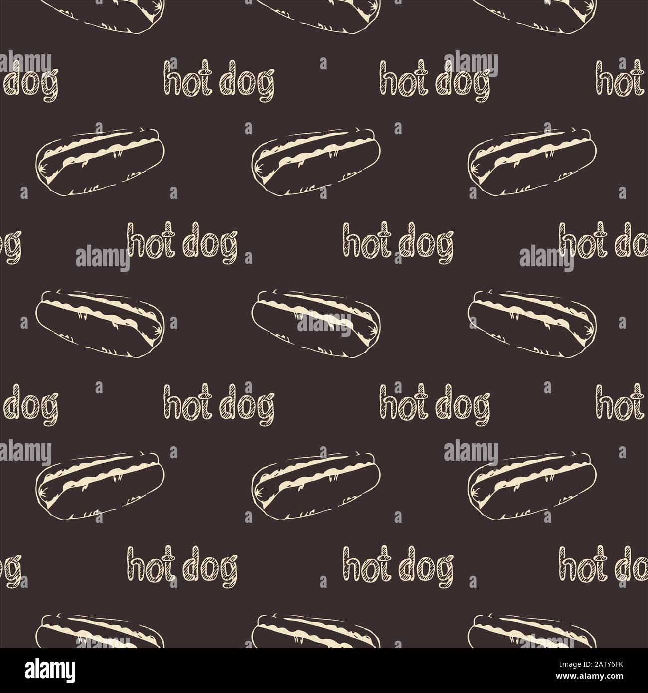 Disegnata a mano hotdog seamless pattern. Un fast food texture. Sketchy sottofondo continuo di hot dog con senape, maionese e verdure. EPS vettore8 Illustrazione Vettoriale