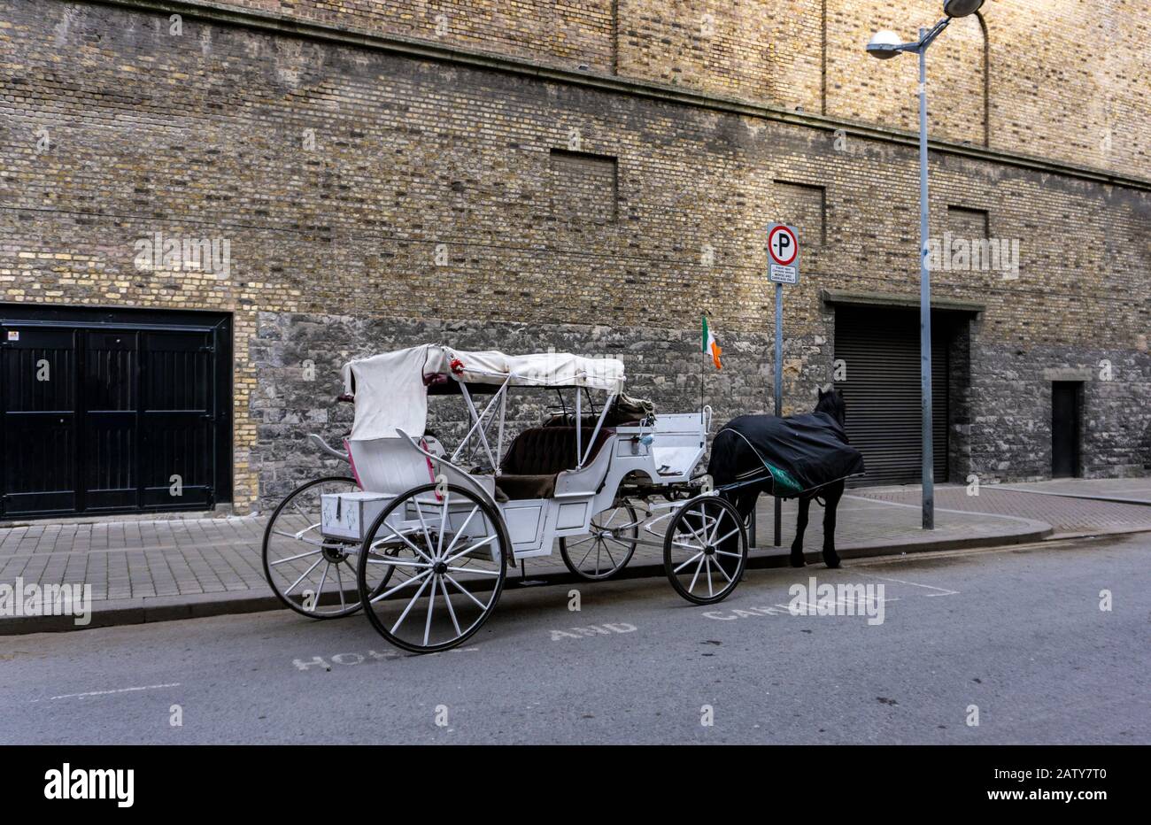 Un cavallo e una carrozza parcheggiata fuori dalla Guinness Storehouse di Dublino in un parcheggio riservato a cavalli e carrozze. Foto Stock