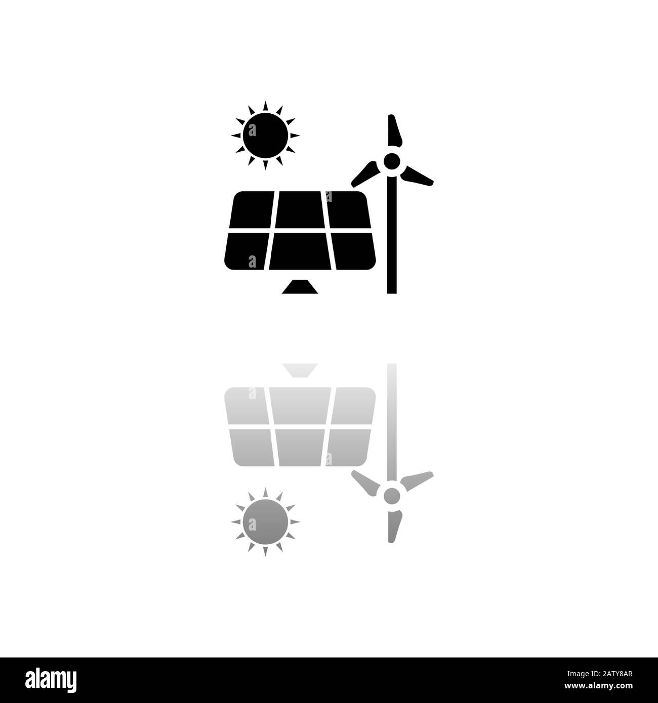 Pannelli solari e mulini a vento per l'energia. Simbolo nero su sfondo bianco. Illustrazione semplice. Icona Vettore Piatto. Riflessione Speculare Shadow. Può essere usato i Illustrazione Vettoriale