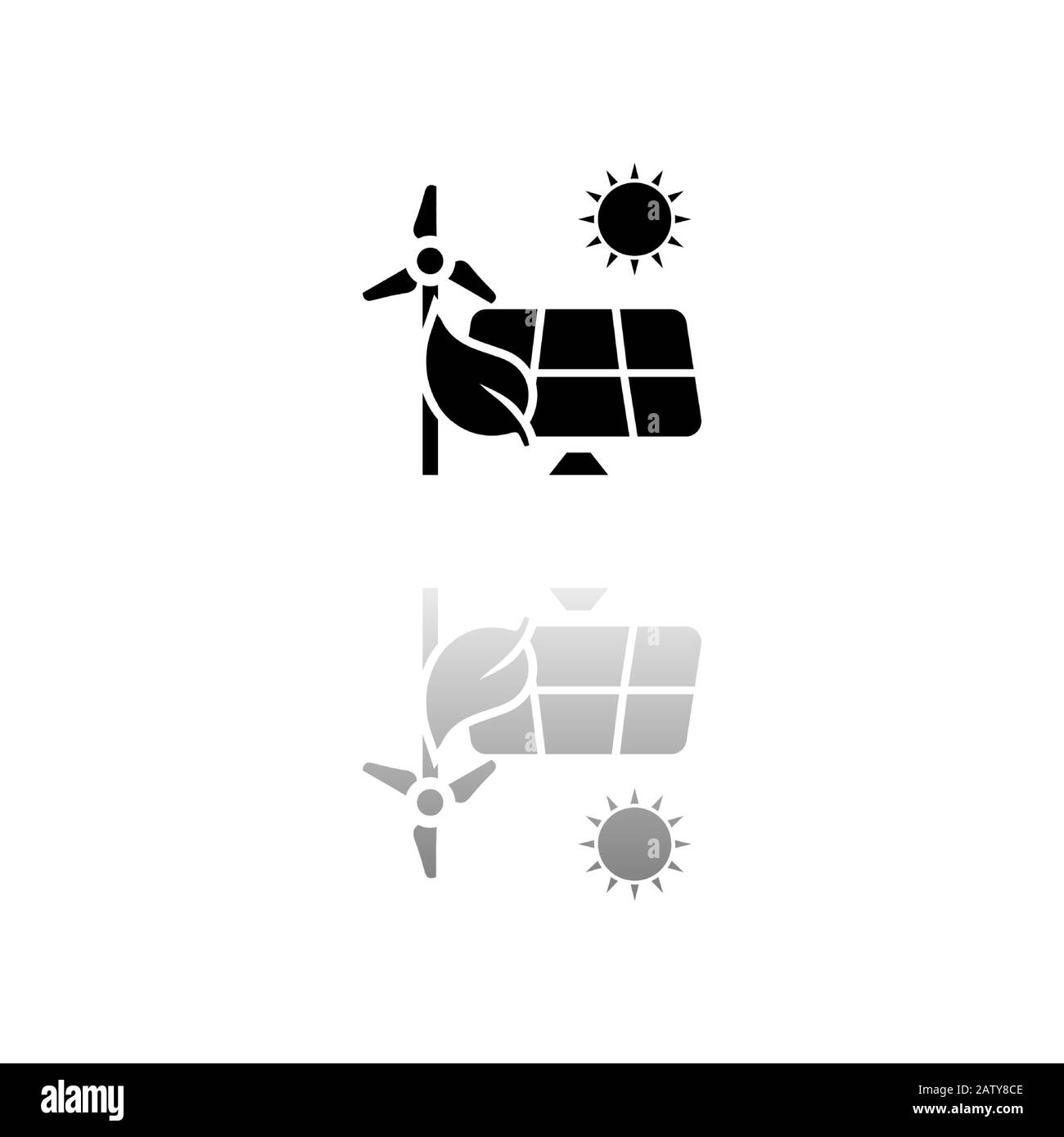 Eco Power. Simbolo nero su sfondo bianco. Illustrazione semplice. Icona Vettore Piatto. Riflessione Speculare Shadow. Può essere utilizzato in logo, Web, dispositivi mobili e interfaccia utente Illustrazione Vettoriale