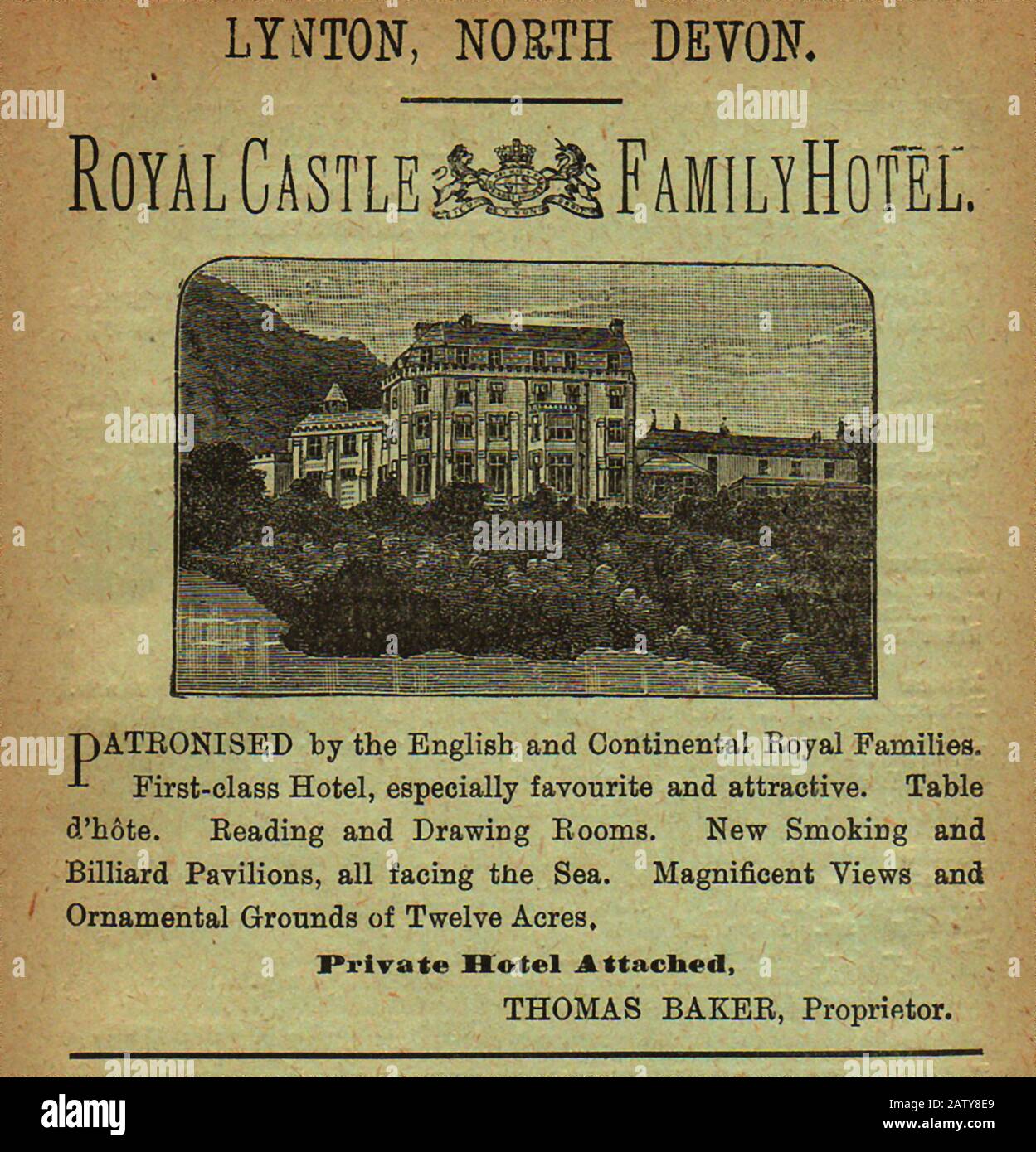 1890 guida turistica britannica per Royal Castle and Family Hotel, Lynton, North Devon, Regno Unito (Patronizzato da Famiglie reali britanniche e continentali) Foto Stock