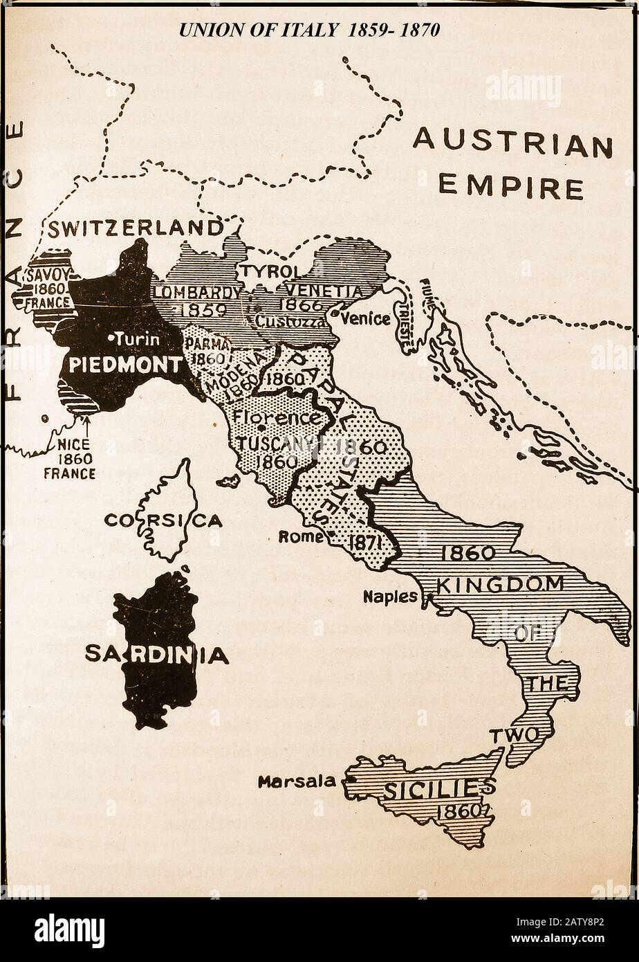 Unione D'ITALIA - 1929 mappa che mostra i passi che portano all'Unione d'Italia con le sue varie parti costituenti con date 1859-1870 Foto Stock