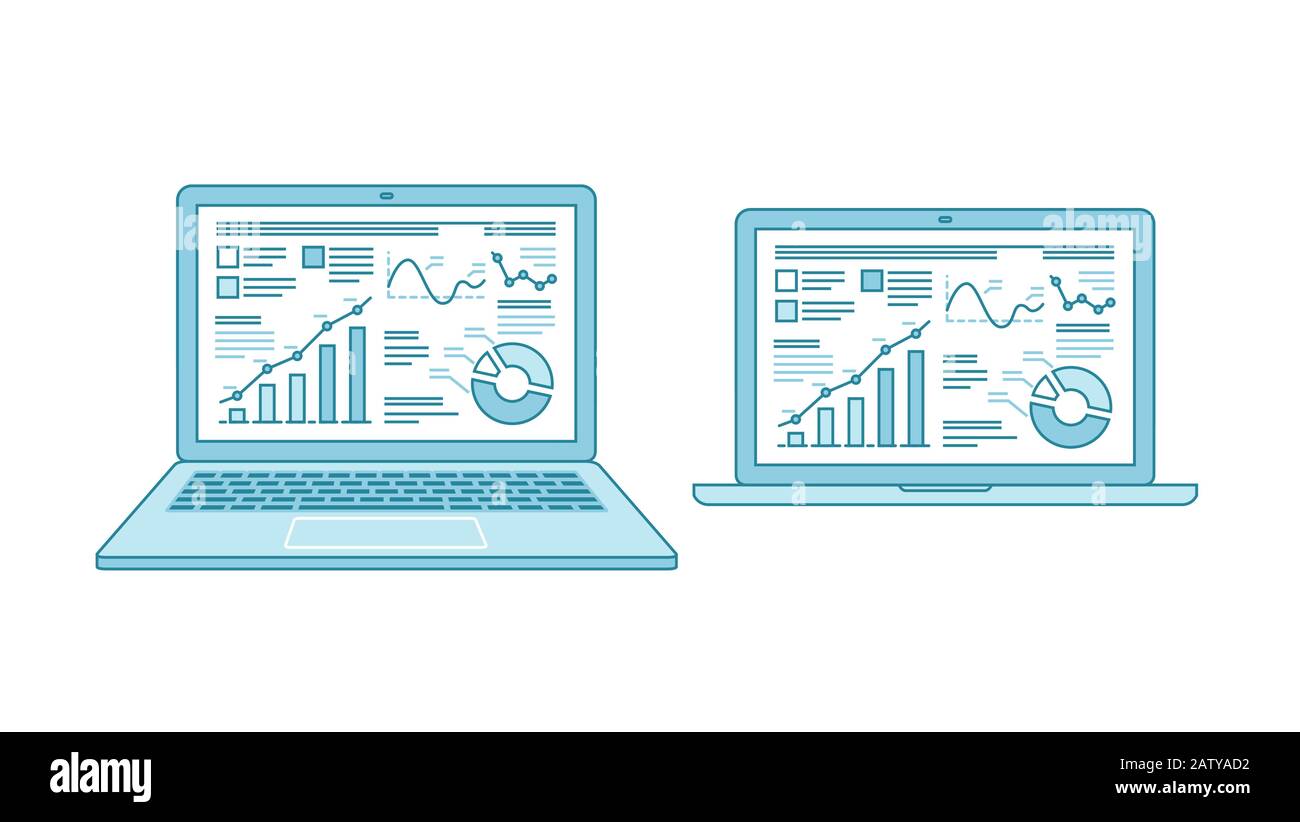 Grafici aziendali sullo schermo del desktop del notebook. Finanza, vettore commerciale Illustrazione Vettoriale