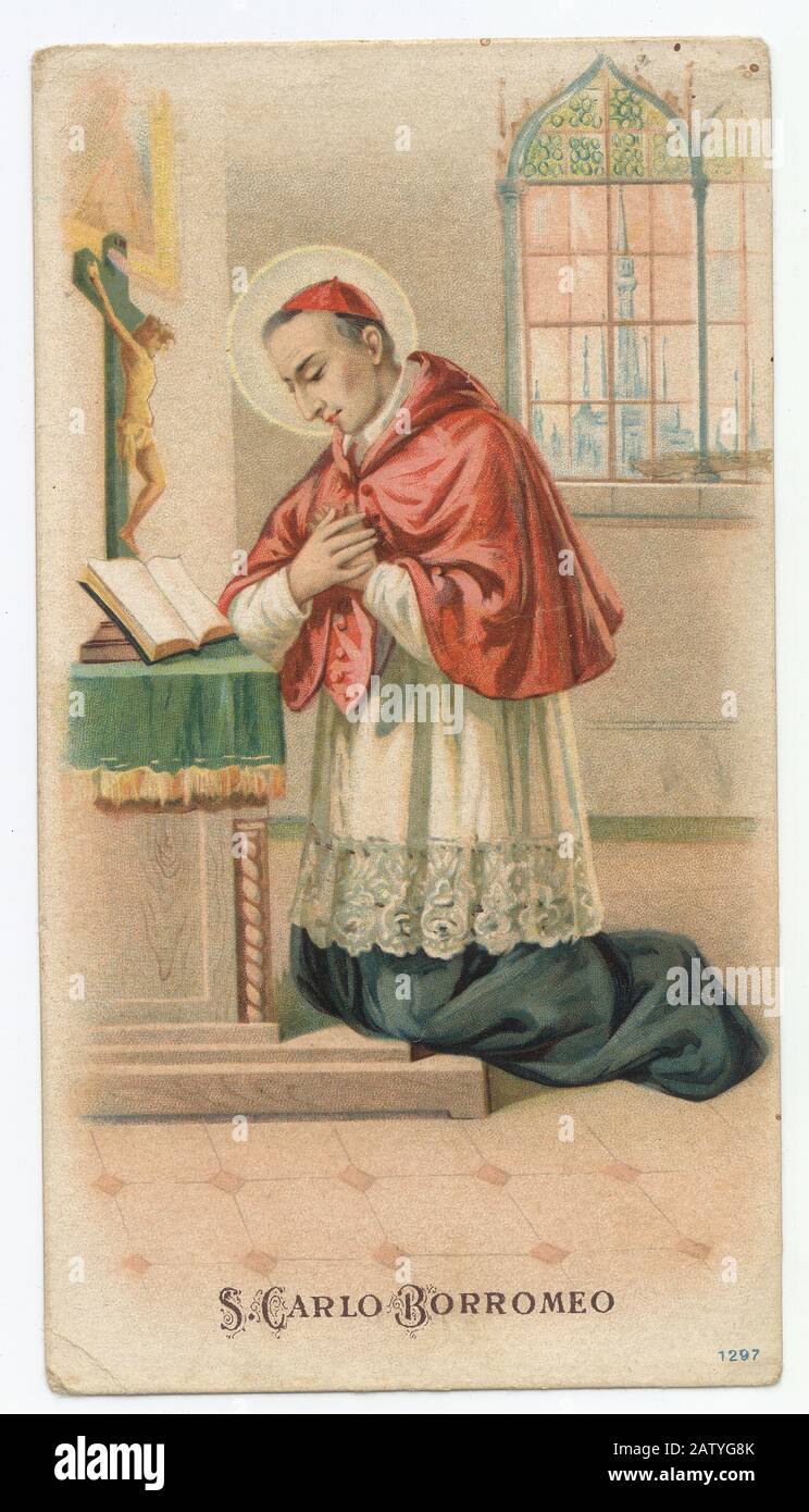 il cardinale italiano San CARLO BORROMEO ( Noble Carlo Borromeo , Arona , Novara 1538 - Milano 1584 ) piccola immagine devozionale popolare ( Ita Foto Stock