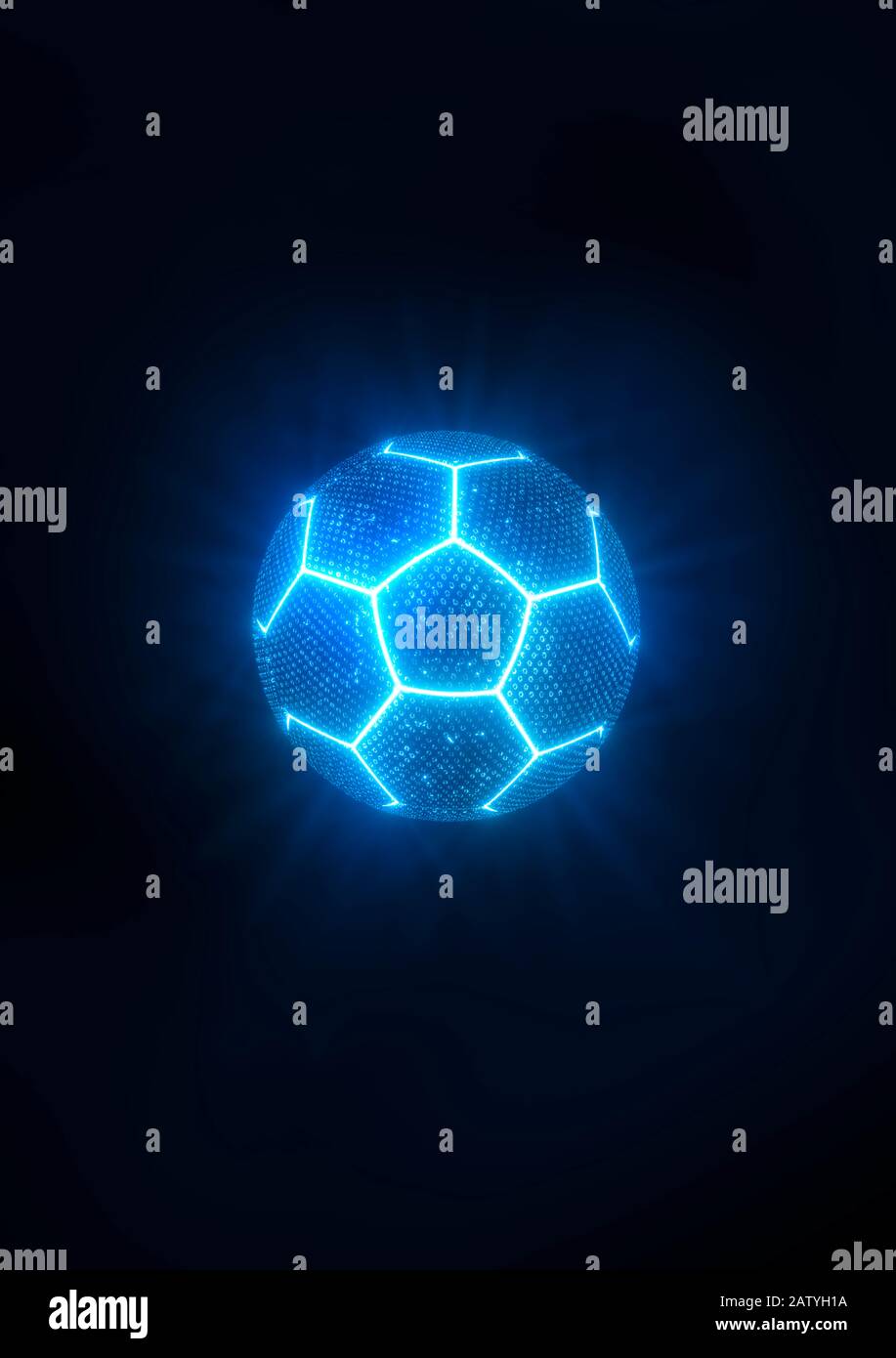 Neon incandescente il calcio o il pallone da calcio con cuciture blu e le cellule blu galleggianti in scuro su sfondo nero Foto Stock