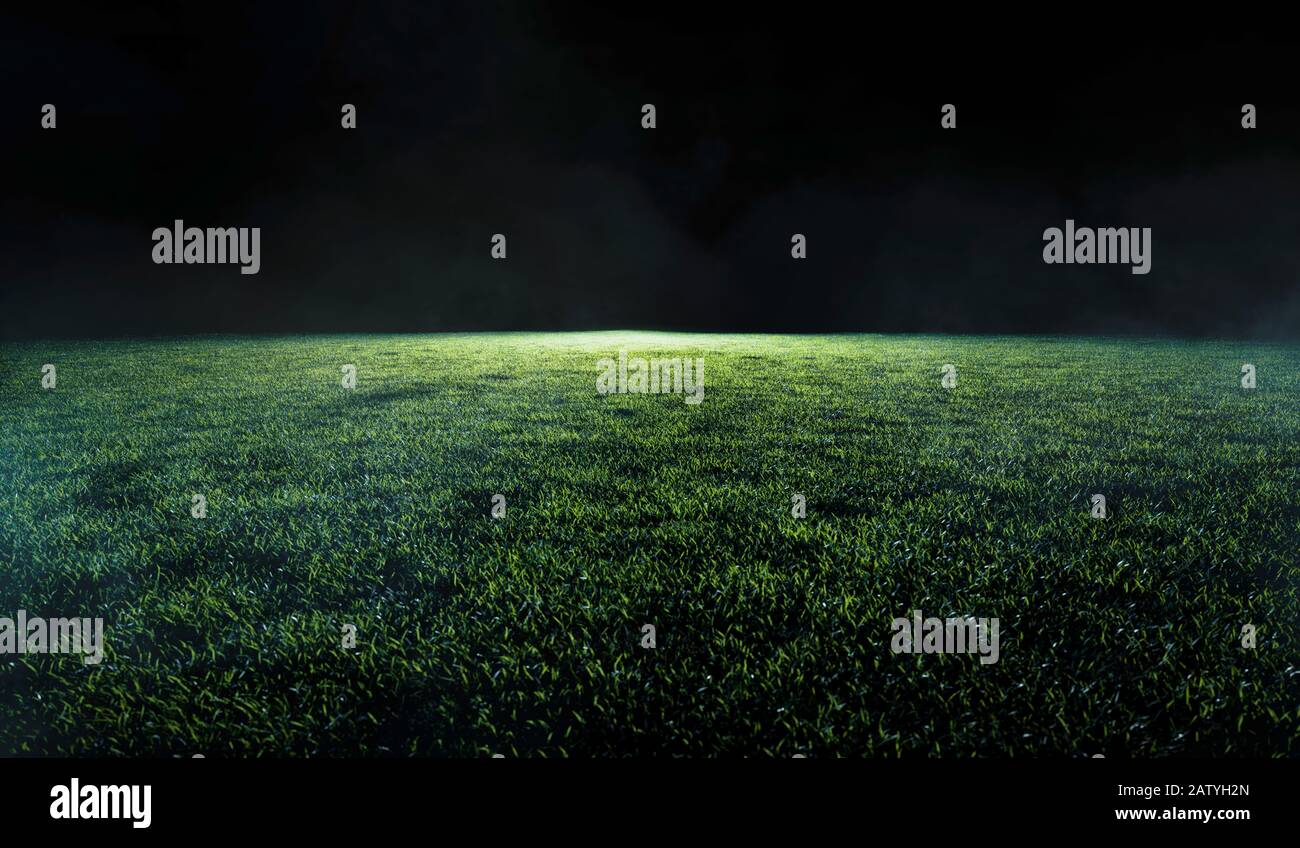 Vista ad angolo basso attraverso l'erba verde tagliata ordinatamente di un campo da calcio o sportivo in luce notturna ombrosa per l'uso come immagine di sfondo Foto Stock