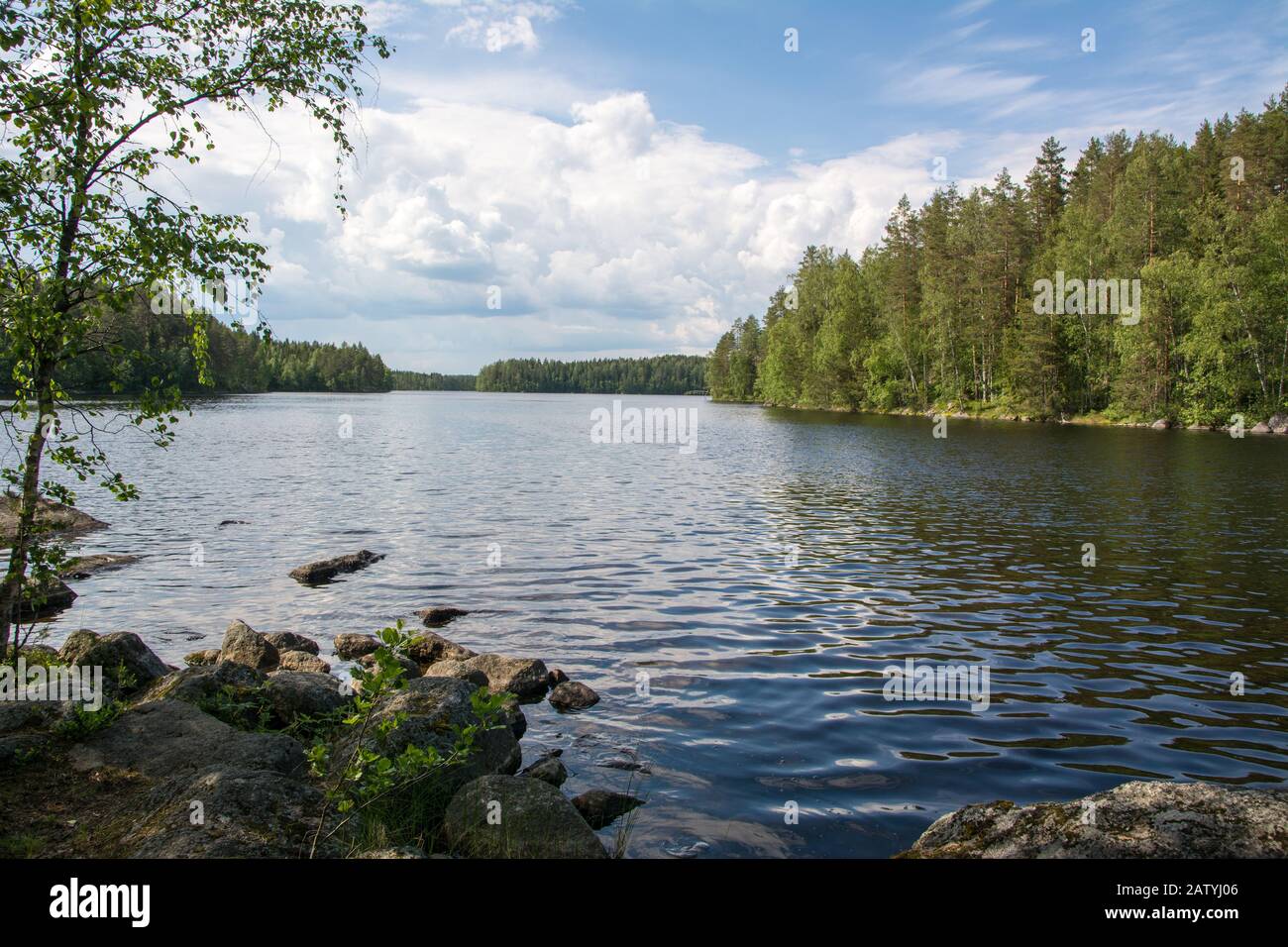 Lago in un parco nazionale in Finlandia. Ottimo posto per nuotare, andare in kayak o andare in canoa. Un posto tranquillo senza persone - lo avete totalmente per voi stessi. Foto Stock