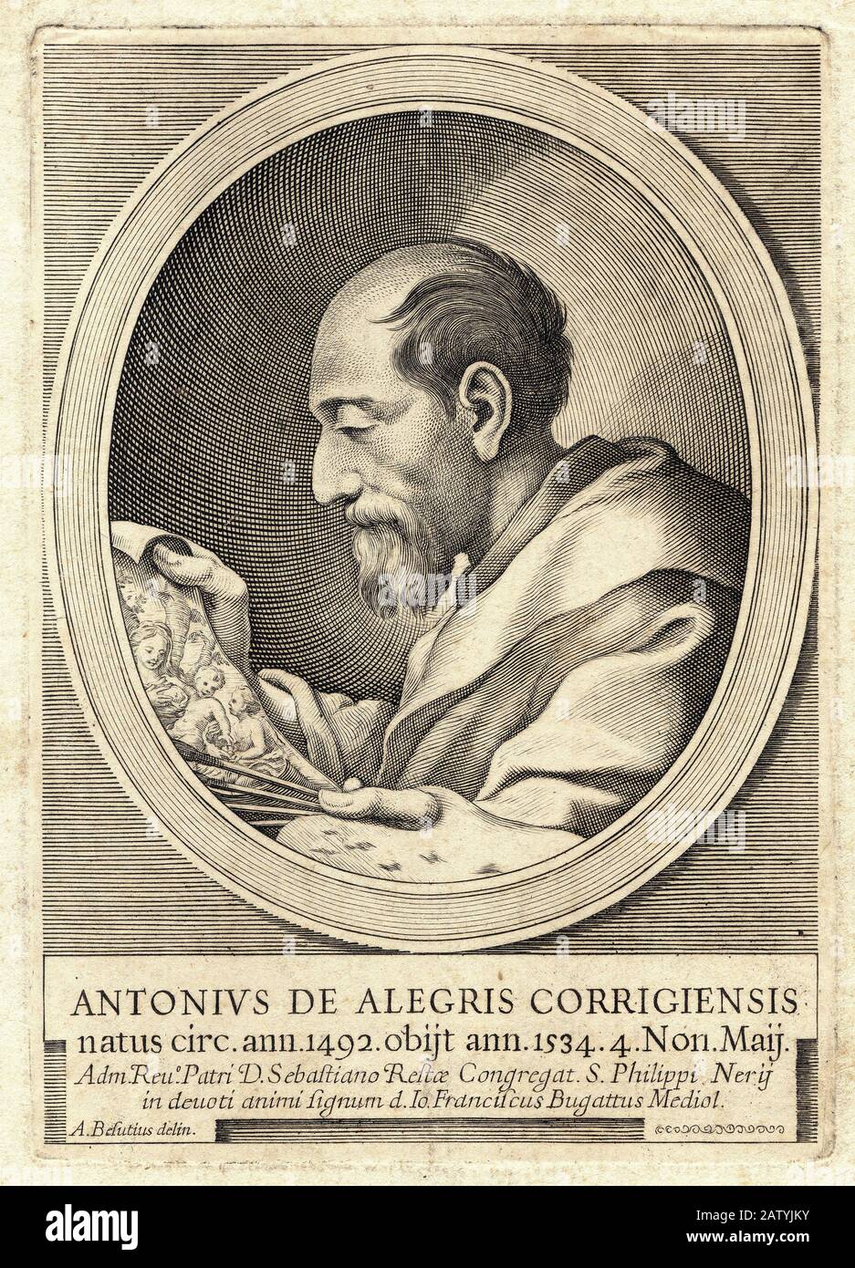 Antonio Allegri il CORREGGIO ( Correggio , Reggio Emilia , Italia 1489 ca - 1534 ) celebrato pittore italiano - ( ritratto inciso del XVIII centur Foto Stock
