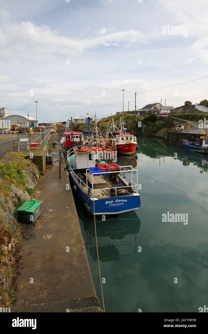 Barche da pesca in Irlanda ormeggiate lungo la banchina del porto interno su un promontorio roccioso a Port Oriel vicino Clogherhead, County Louth, Irlanda. Foto Stock