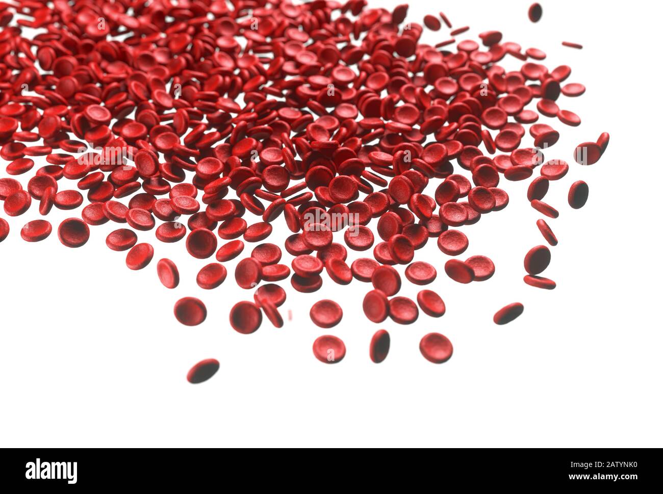 I globuli rossi si riversano su sfondo bianco. Illustrazione 3D, immagine concettuale. Foto Stock
