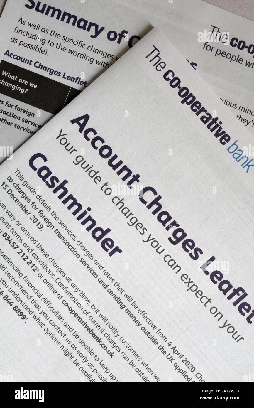 Il foglio illustrativo della Co-operative Bank, account Charges Foto Stock