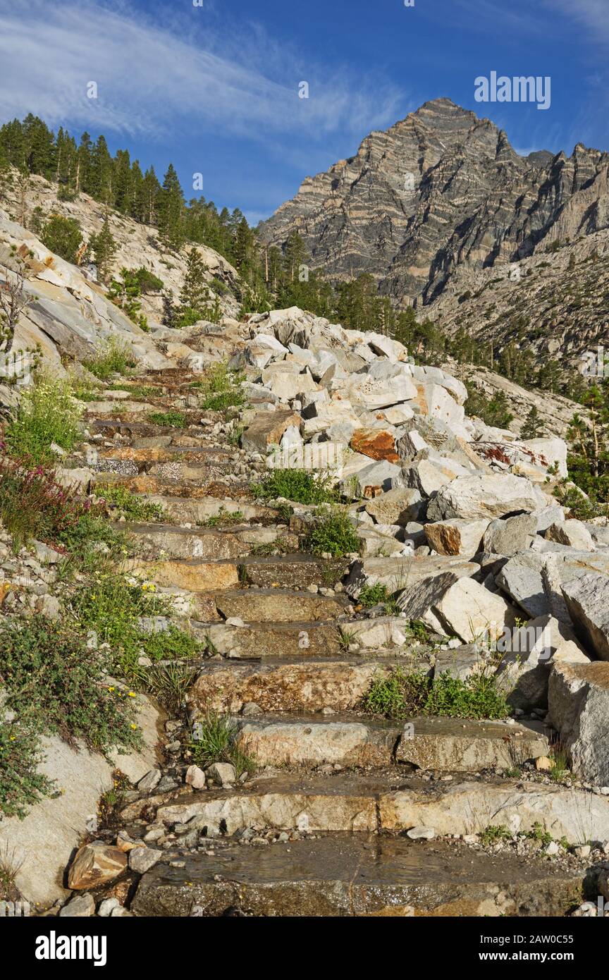 Scalate in pietra su un sentiero che conduce a Pine Creek verso le montagne della Sierra Nevada Foto Stock