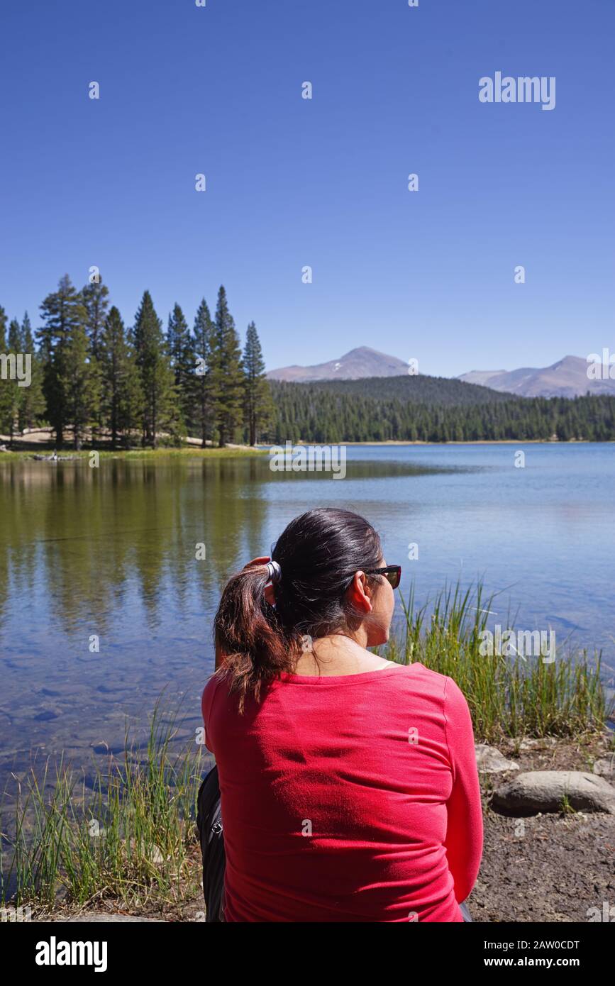 Donna in camicia rossa di fronte a sé seduto da Dog Lake nel Parco Nazionale di Yosemite Foto Stock
