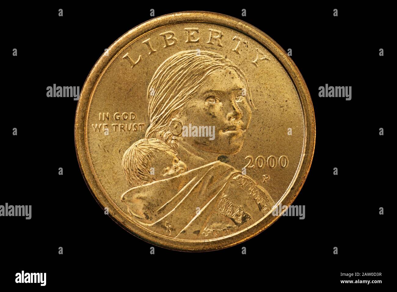 Sacagawea moneta americana da un dollaro isolata in nero Foto Stock