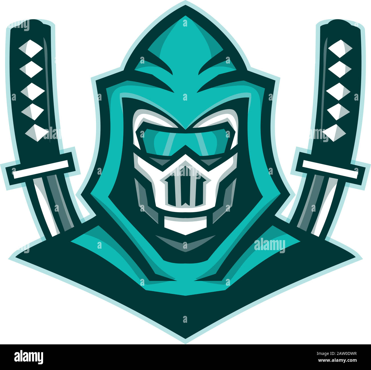 Icona Mascot immagine di testa di un cyborg ninja o organismo cibernetico, con la spada samurai visto di fronte su sfondo isolato in stile retrò. Illustrazione Vettoriale