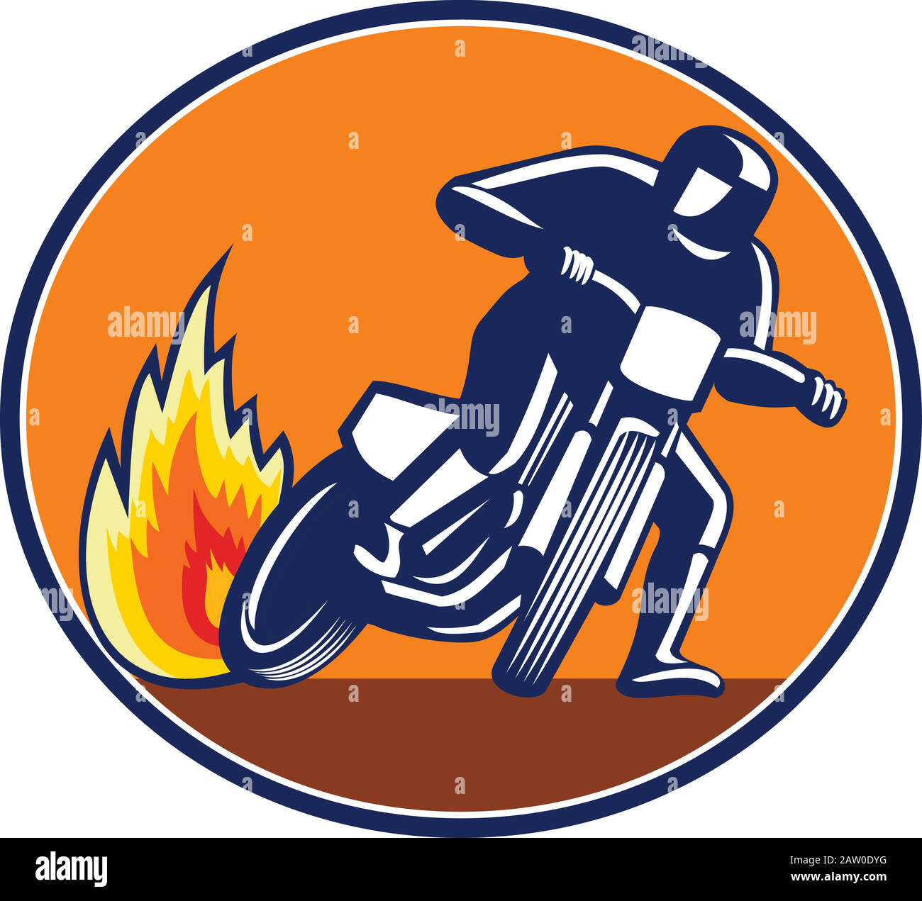 Icona Mascot illustrazione di una moto motociclista, pista piatta o pista sterrata vista dalla parte anteriore impostata in forma ovale su isolato Illustrazione Vettoriale