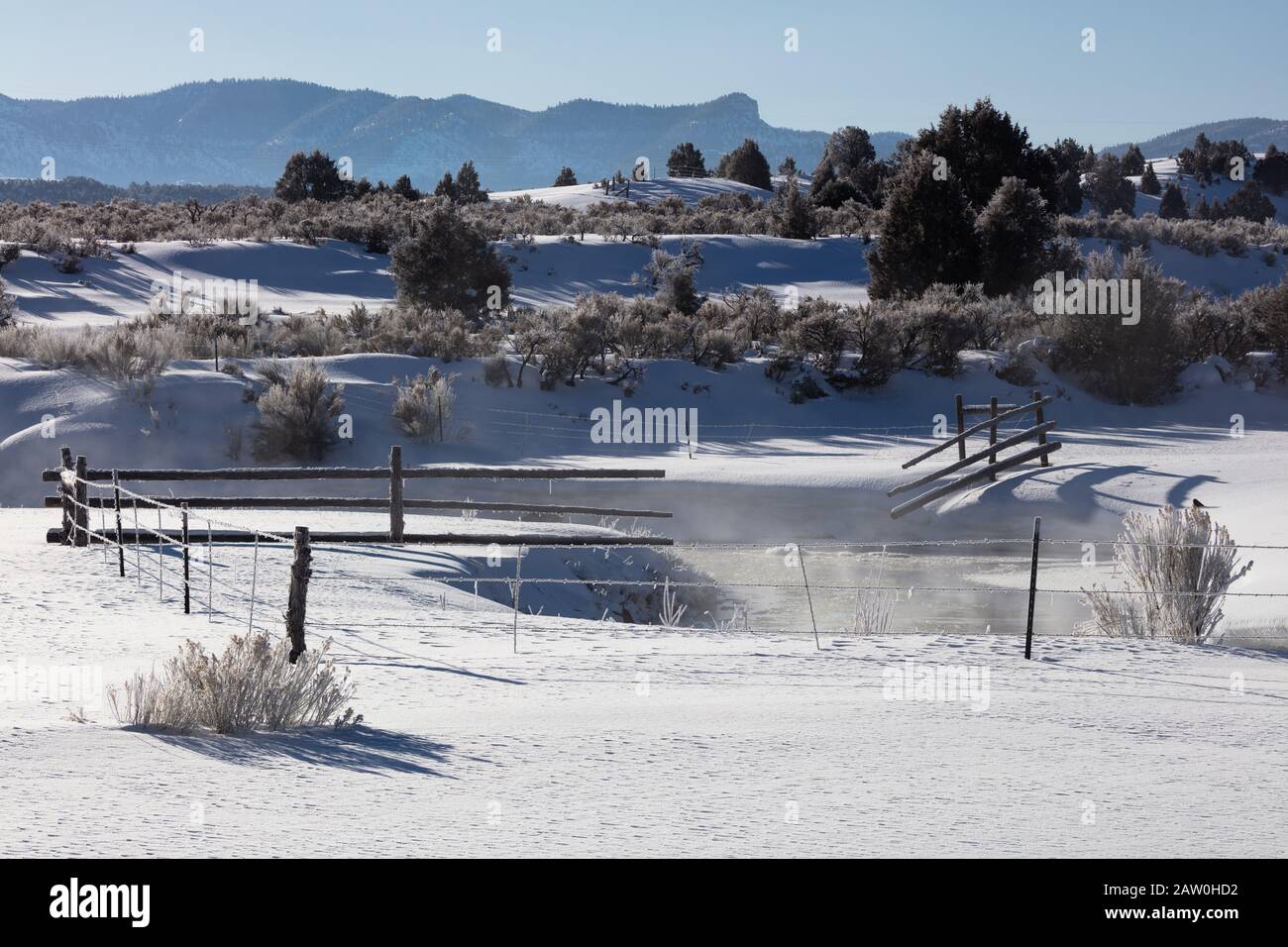 Fumando il fiume Sevier in un mattinata inferiore allo zero sull'autostrada US 89 vicino a Hatch, Utah Foto Stock