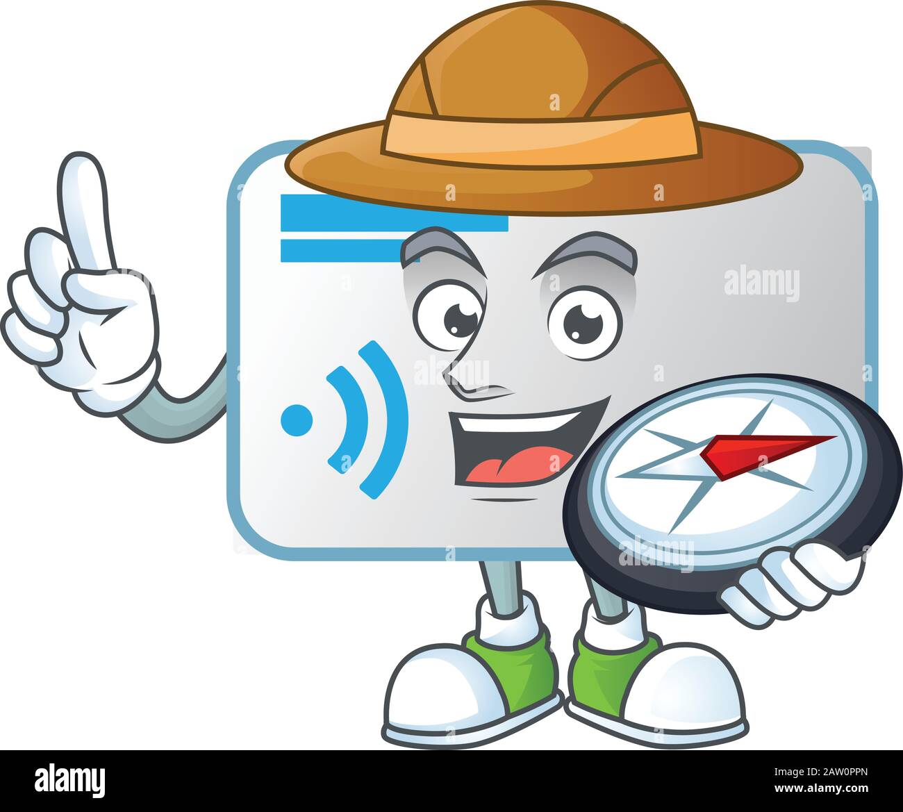Un cartoon NFC Card explorer con una bussola Illustrazione Vettoriale