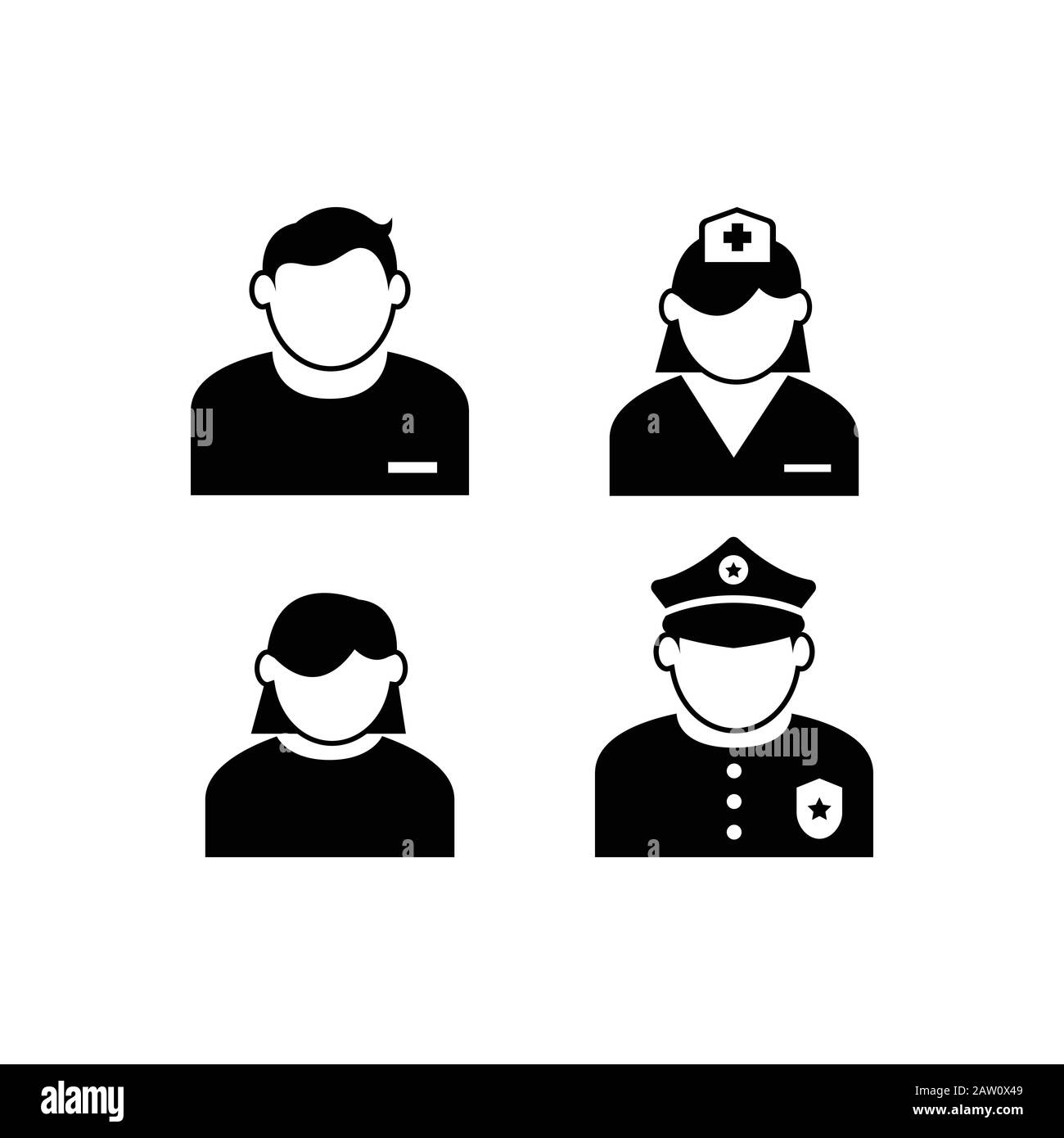 Icone vettoriali di persone con una varietà di lavori. Icona Avatar People con vari lavori in colore nero Illustrazione Vettoriale