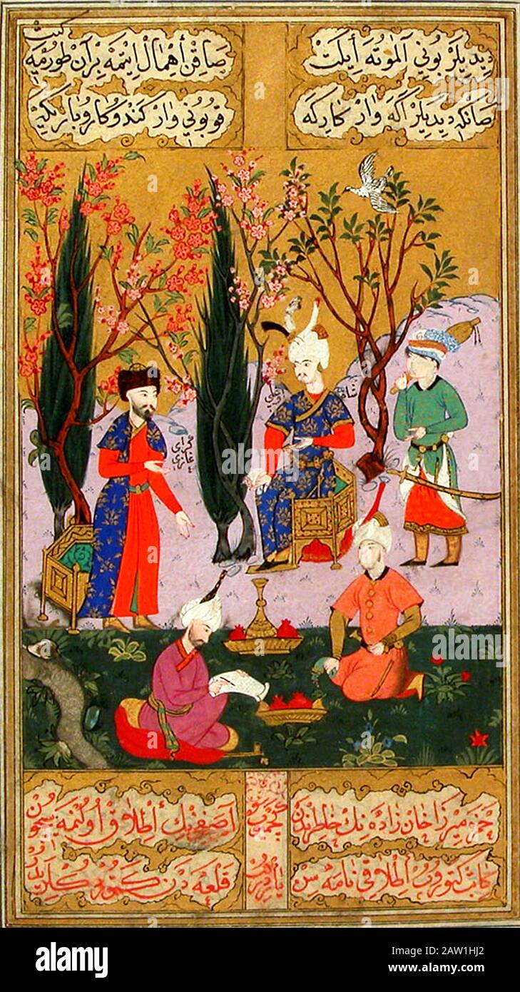 Crimean Gazi II Geray Sultan va in campagna militare. Miniatura ottomana del 1586 Foto Stock