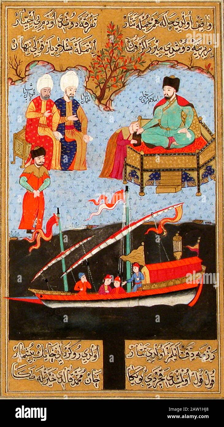 Il tataro di Crimea Murzes dà il benvenuto al nuovo Khan di Crimea Gazi II Geray. Miniatura ottomana del 1586. Foto Stock