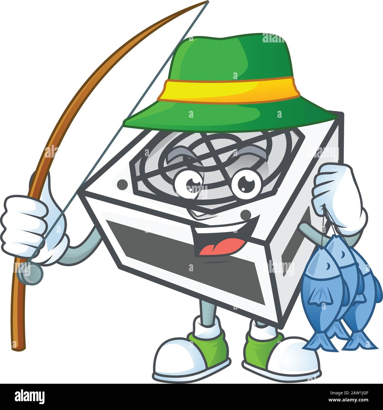 Un disegno mascotte di unità di alimentazione pesca colore bianco con 3 pesci Illustrazione Vettoriale