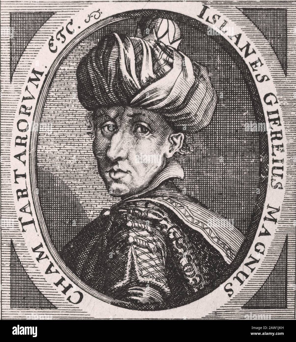 Ritratto del Crimea Khan Islam III Geray. Incisione del 17th secolo. Foto Stock