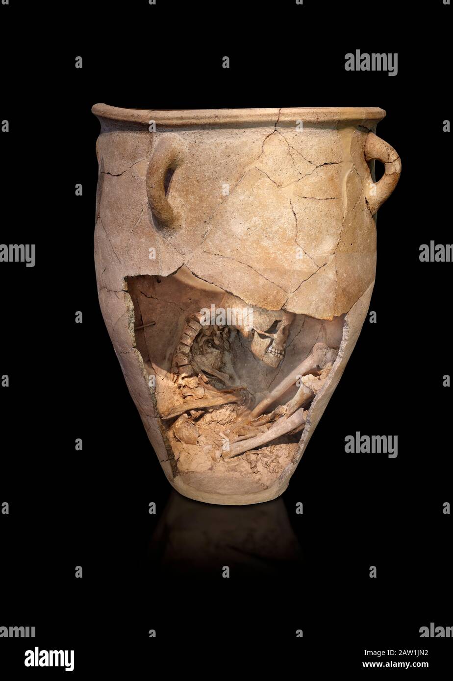 I pithos minoici di sepoltura in argilla con scheletro in feto, periodo Neopalaziale 1700-1450 a.C.; Museo Archeologico di Heraklion, sfondo nero del corpo Foto Stock