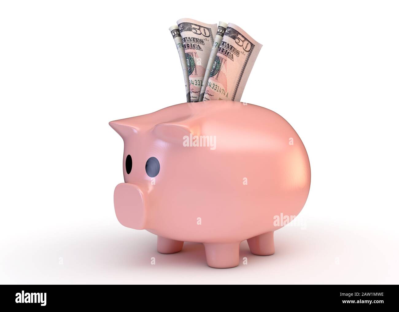 Una banca rosa piggy con un rotolato coppia di US dollaro banconote inserite in esso su un isolato sfondo bianco studio - 3D render Foto Stock
