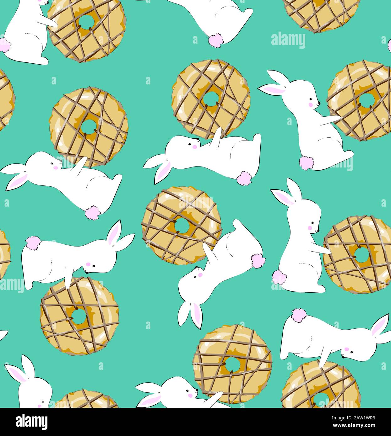 Ciambelle cremose e bunnies carini. Texture perfetta, tessuti, cartoline da parati Illustrazione Vettoriale