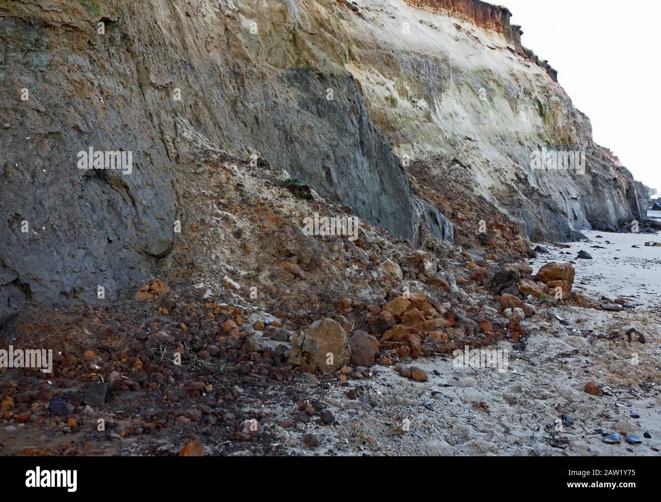 Frane da scogliere composte principalmente di sedimenti glaciali e soggetti a erosione costiera a Happisburgh, Norfolk, Inghilterra, Regno Unito, Europa. Foto Stock