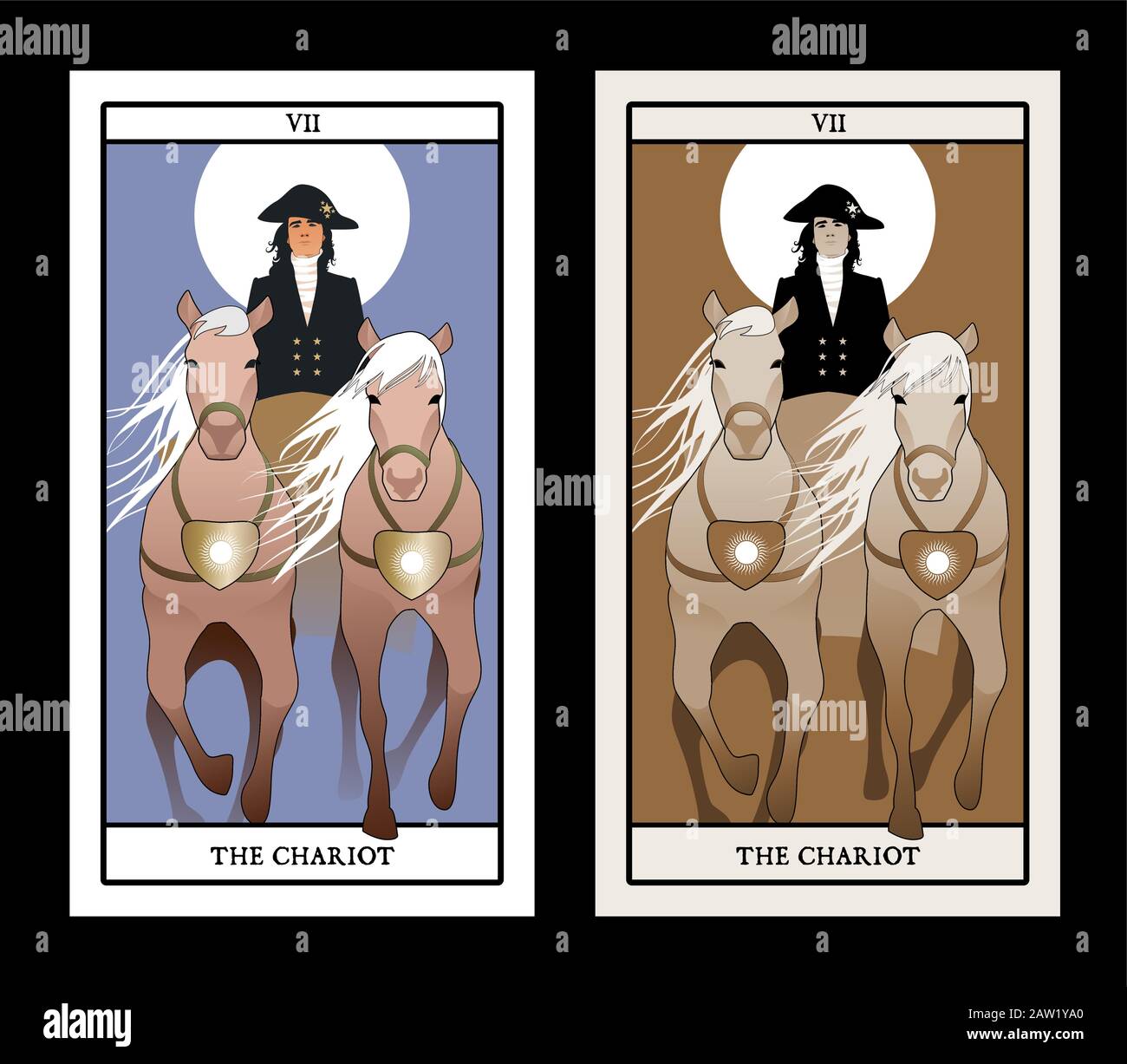 Carte Dei Tarocchi Dell'Arcana Maggiore. Il Chariot. Sole Chariot tirato da due cavalli e guidato da un elegante cocchiere in livrea e cappello Illustrazione Vettoriale