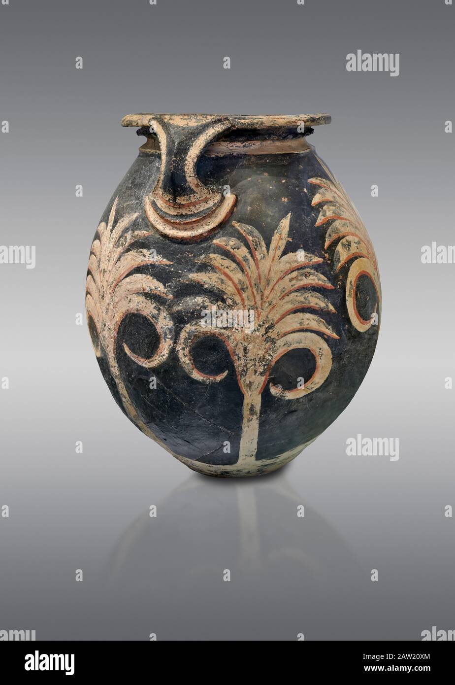 Vaso in argilla minoica con design floreale, Tradizione Sontuosa Speial , Palazzo Cnosso 1500-1450 a.C., Museo Archeologico di Heraklion, sfondo grigio. Foto Stock