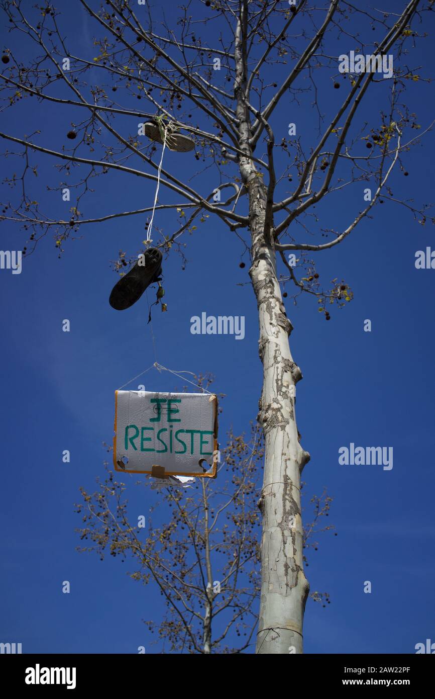 JE Reside, segno scritto a mano appeso ad albero, Place de la République, Parigi, Francia Foto Stock