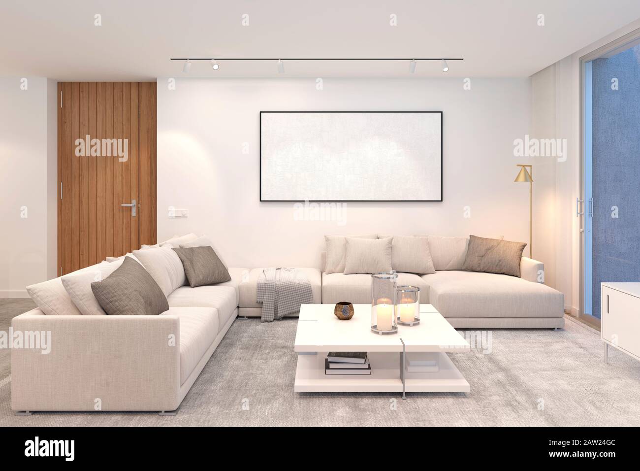 3d rendering di bianco e grigio soggiorno moderno design interno con spazio copia Foto Stock