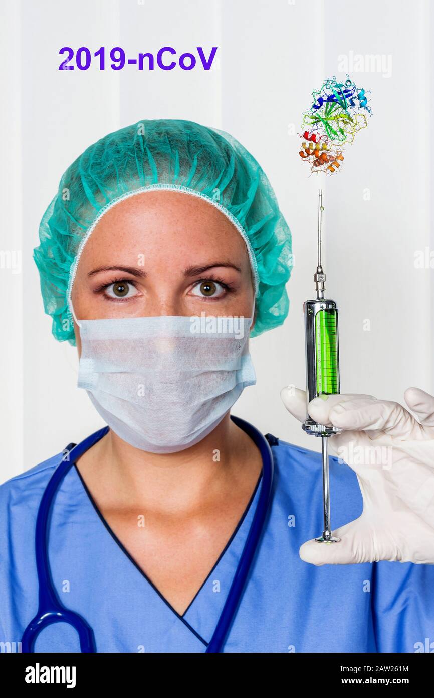 medico femminile con siringa e virus corona Foto Stock