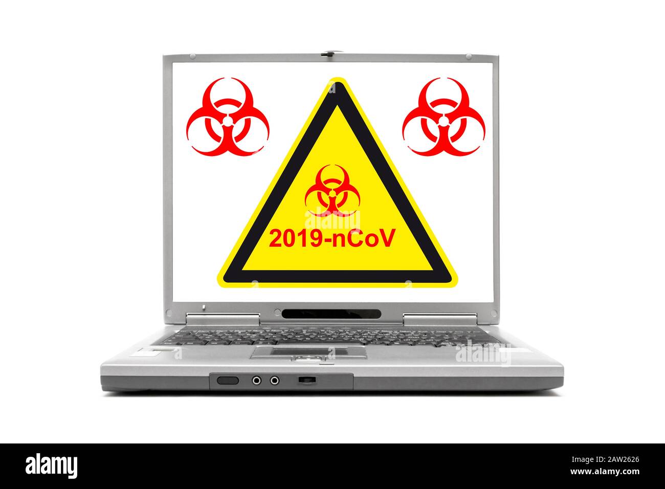 laptop con segnale di avvertimento: rischio biologico, coronavirus Foto Stock