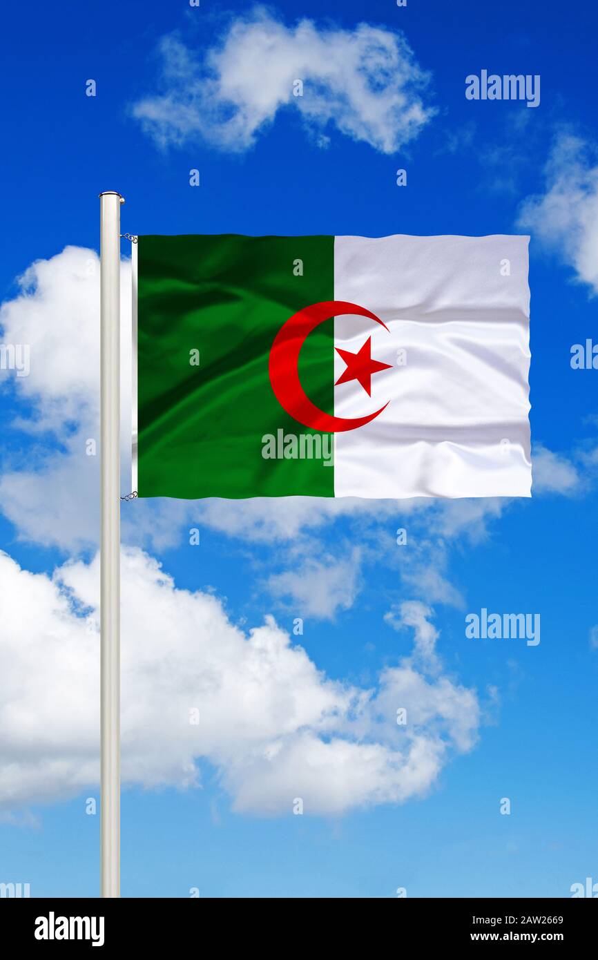 Bandiera dell'Algeria di fronte al cielo nuvoloso blu, Algeria Foto Stock