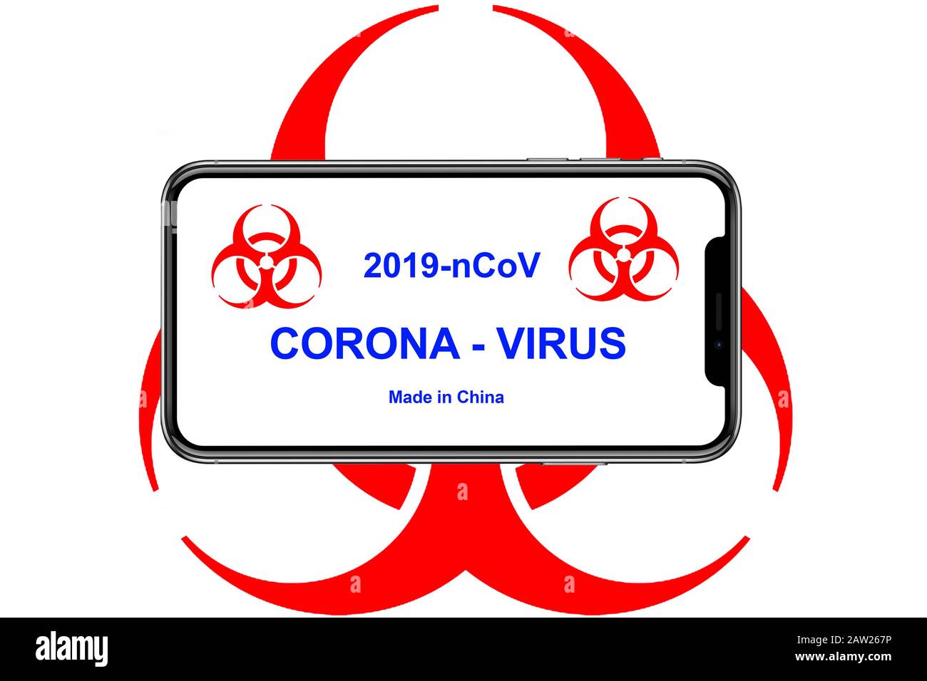 Smartphone con simbolo di rischio biologico, coronavirus, 2019-nCoV Foto Stock