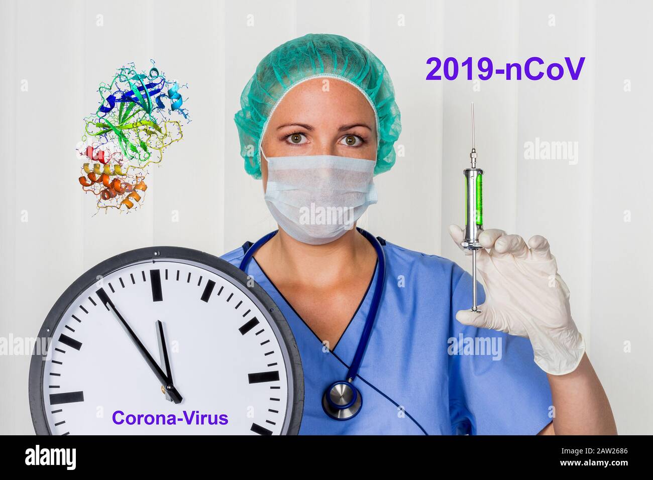 medico femminile con siringa e virus corona e orologio con 5 prima di 12 Foto Stock