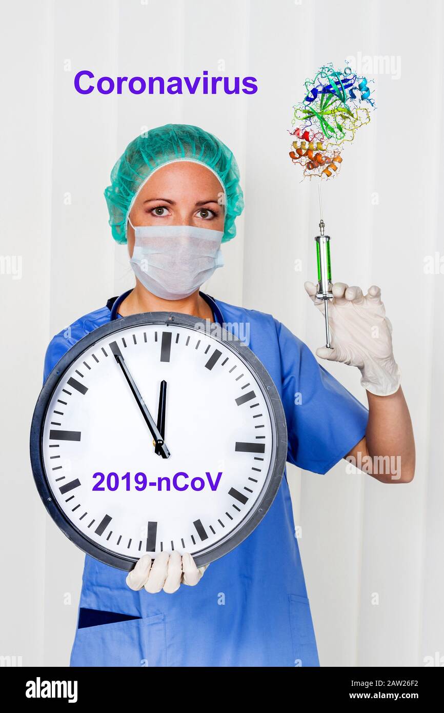 medico femminile con siringa e virus corona e orologio con 5 prima di 12 Foto Stock