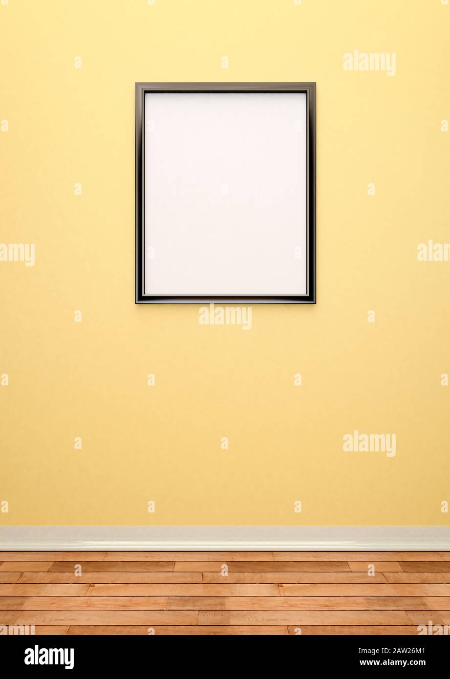 Grande cornice nera vuota su una parete gialla Foto Stock