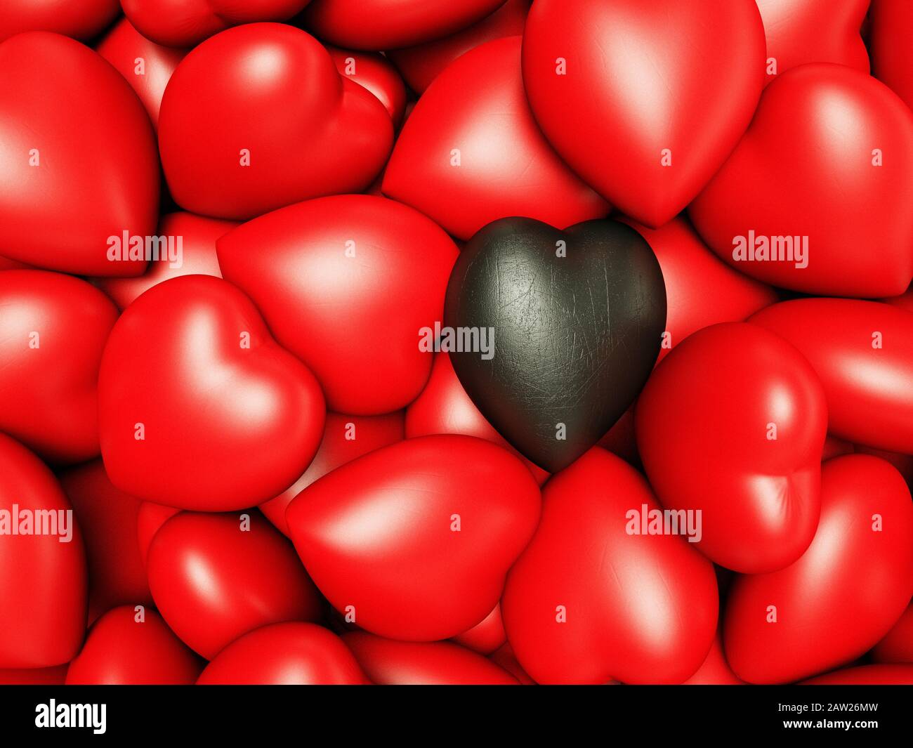 Molti cuori rossi con un cuore nero Foto Stock